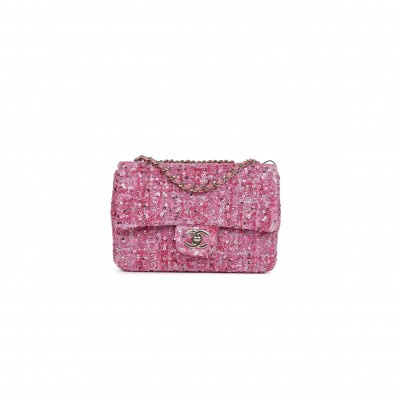 CHANEL MINI CLASSIC RECTANGULAR FLAP BAG PINK TWEED AND SEQUIN GOLD HARDWARE 192410 (20*13*6cm)